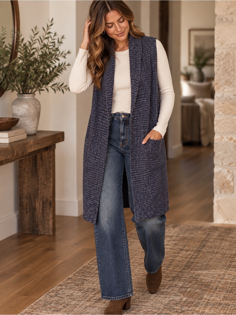 GAP Navy Marled Longline Sweater Vest Open Front Shawl Collar M
